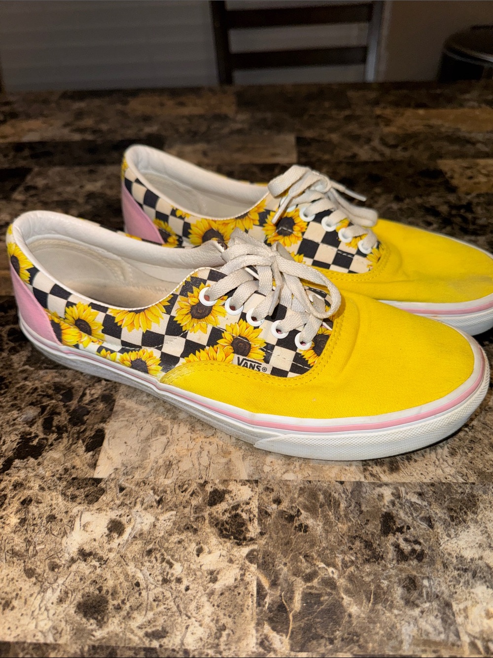 Vans Women's or Men’s Yellow Sunflower Checkerboard Low-Top Sneakers with Pink